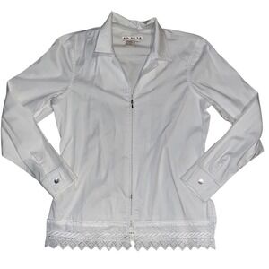 A.M.I. Womens White Zip Front Lace Hem Blouse Long Sleeve Shirt Style 22033 S